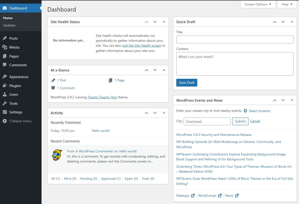 WordPress Dashboard Management Interface